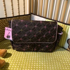 COPY - Babyboom messenger diaper bag, brown with pink trim.